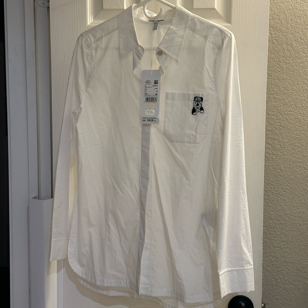 White Escada Shirt with Embroidered Detail and gold buttons